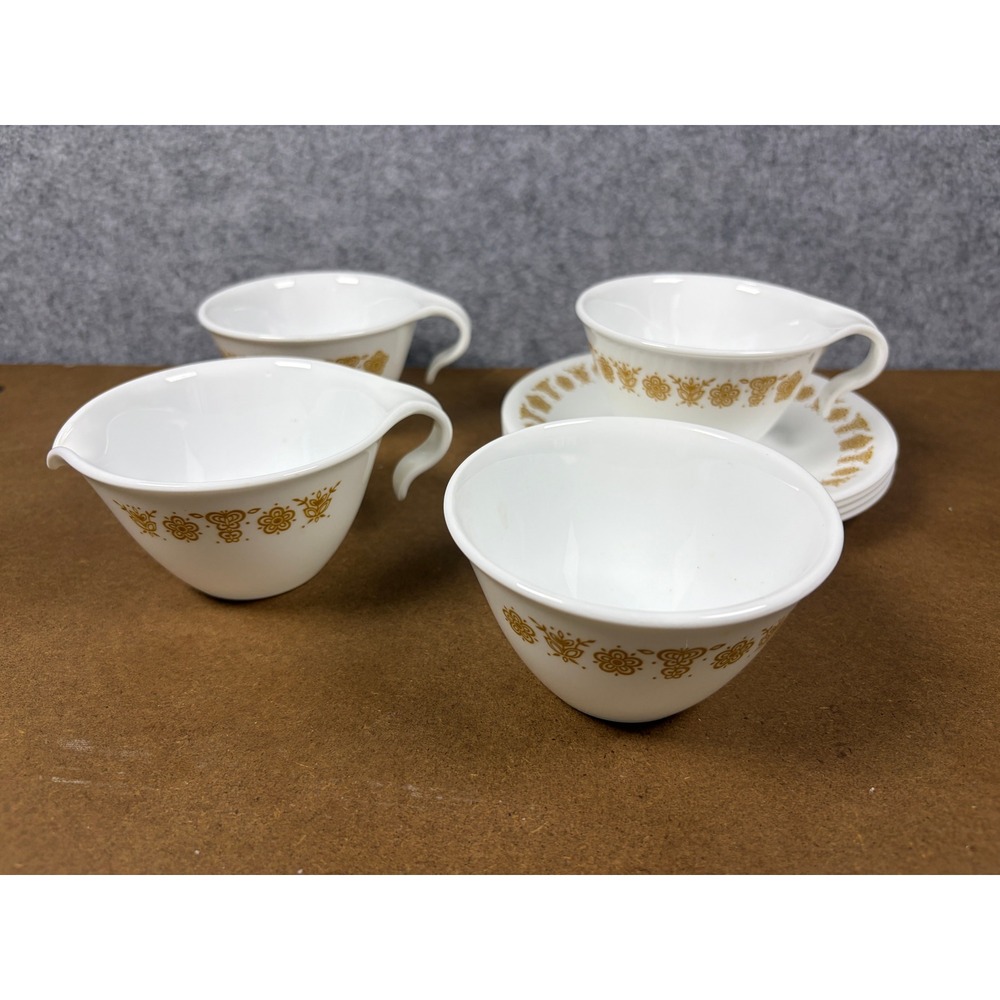 Corelle ButterflyGold Teacups and Saucers Set of 4 Vintage Corning USA WhiteGold